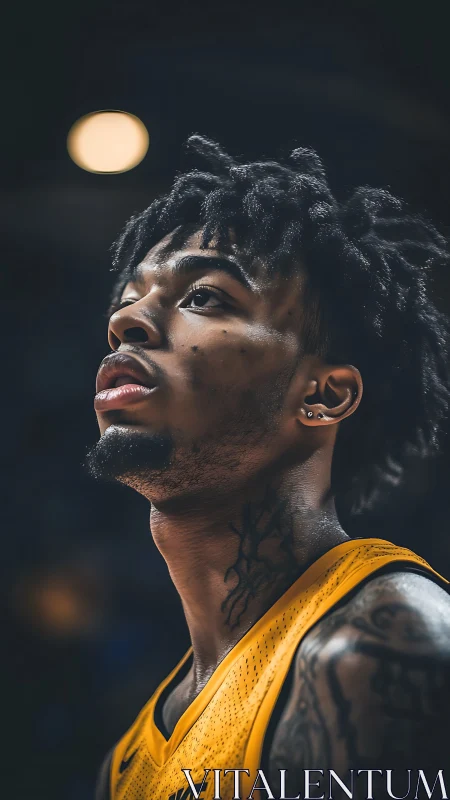 Male basketball player in yellow jersey under arena light.