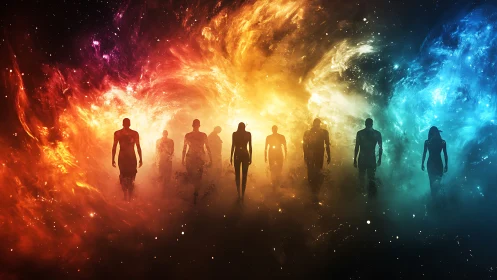 Silhouetted figures walking through cosmic color clouds.