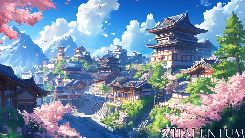 Mountain temple cityscape under vivid spring sunlight.