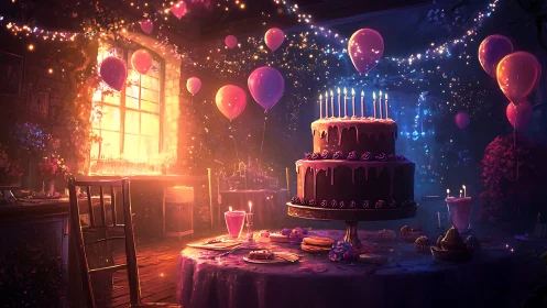 Neon Birthday Celebration: Illusory Interior with Luminous Cake.