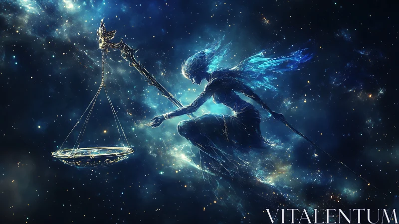 Celestial winged figure balancing luminous cosmic scales