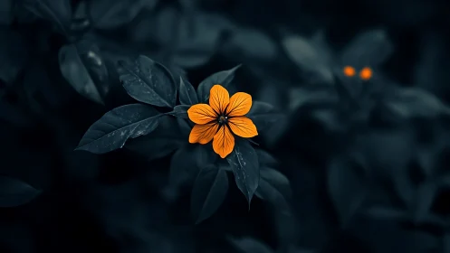 Orange flower with desaturated foliage backdrop.