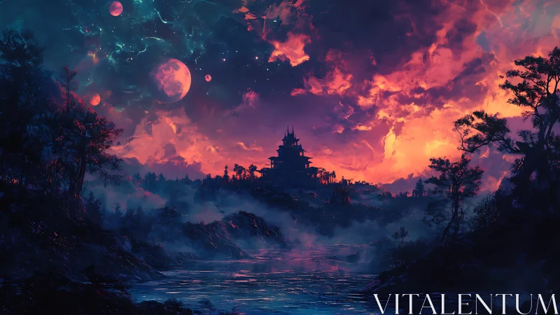 Enchanted riverside temple under glowing cosmic skies.