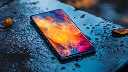 Smartphone displaying vibrant abstract flames with water droplets