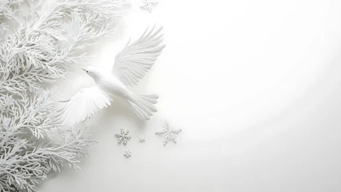 White paper dove glides beside frosted branches in snow