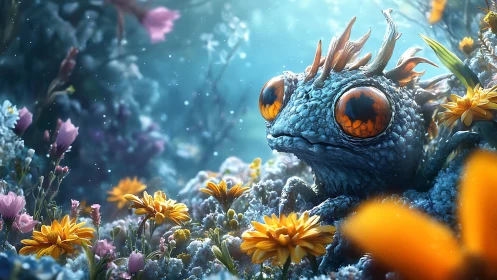 Fantasy amphibian rests gently in a glowing flower meadow