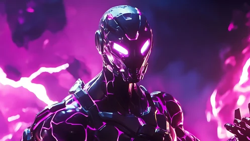 Cybernetic humanoid robot glows with intense neon purple energy