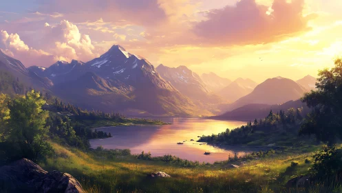 Sunlit alpine lake valley with snowcapped mountain range