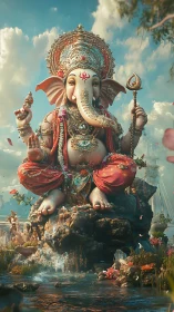 Majestic elephant deity glows above a jewel bright river.