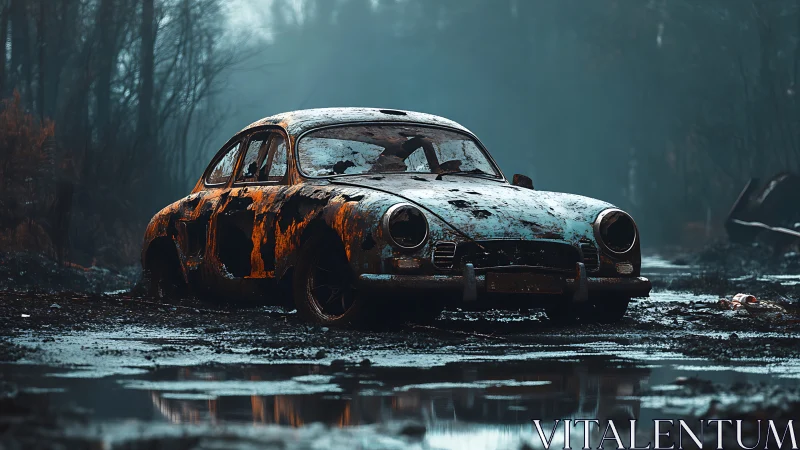 Corroded classic coup&eacute; immobilized in saturated forest mudscape.