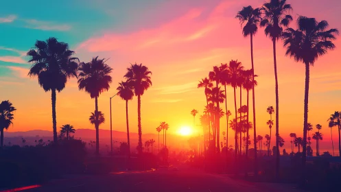 Sunset boulevard glowing beneath dreamy palm silhouettes.