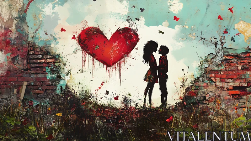 Urban Romance: Silhouetted Couple Beneath Dripping Heart.