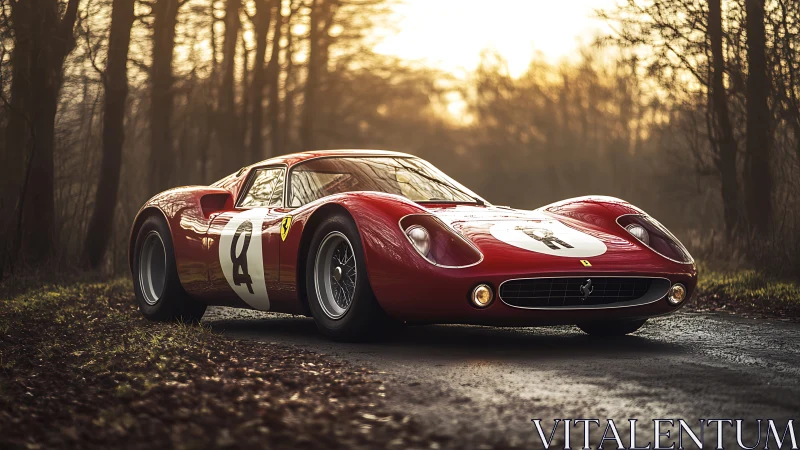 Vintage red race car glowing in soft forest sunset light.