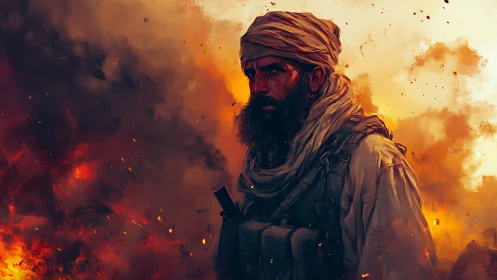 Militant figure stands amid dense fire and smoke plume