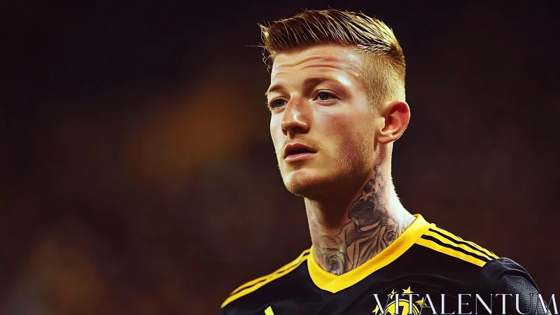 Stadium lights crown a focused, inked football warrior.