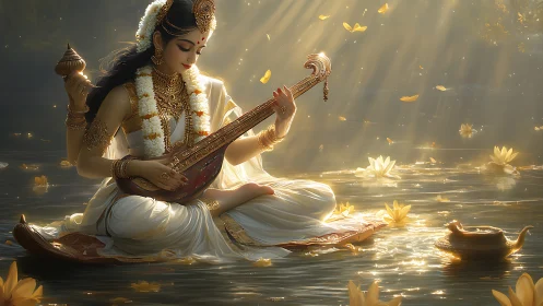 Soft backlit goddess portrait with veena on reflective water surface