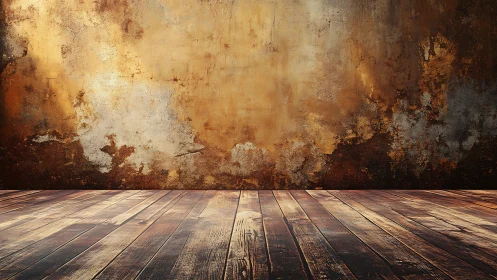 Rustic wooden floor with distressed golden plaster wall backdrop.