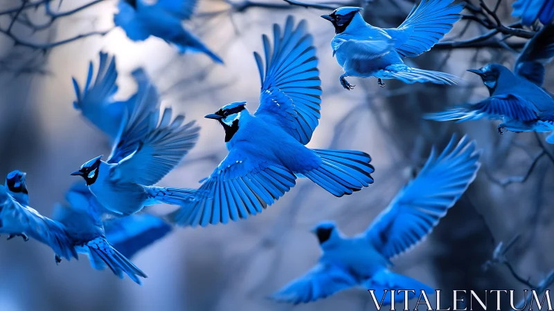 Flock of Vibrant Blue Jays in Flight, Nature Photography Style.