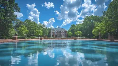 Campus hall reflects in tranquil fountain under vivid sky.