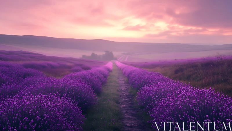 Soft sunrise glows above a peaceful lavender field path