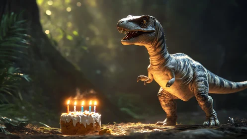 Dinosaur Celebrating Birthday With Cake
