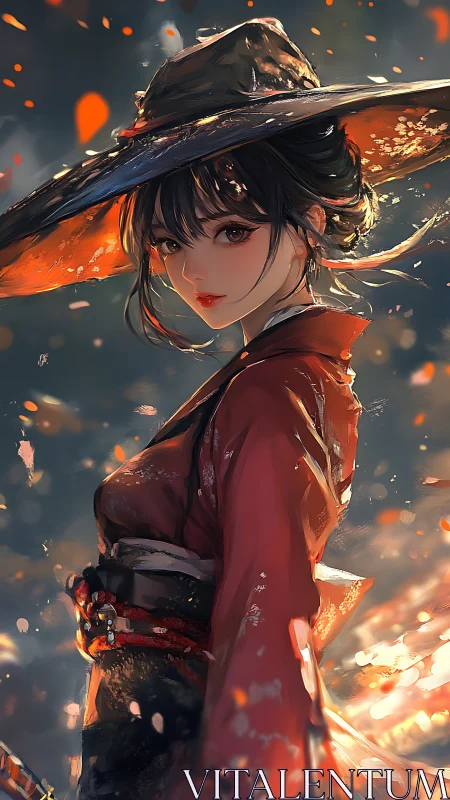 Ember-kissed samurai maiden beneath a storm of sparks.