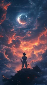 Starlit warrior gazes into a stormy newborn cosmos.