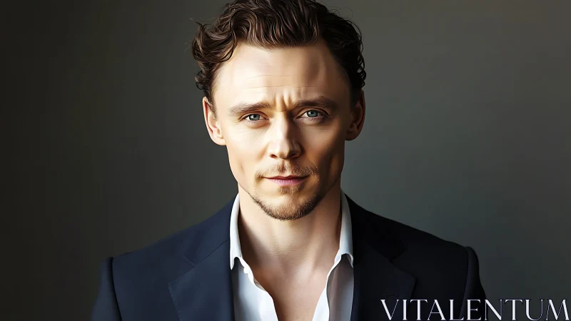 Male portrait in navy suit against neutral studio backdrop.