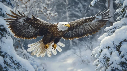Majestic bald eagle soaring in snowy forest, realistic digital art.