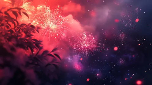 Fireworks burst over silhouetted foliage in a red night sky