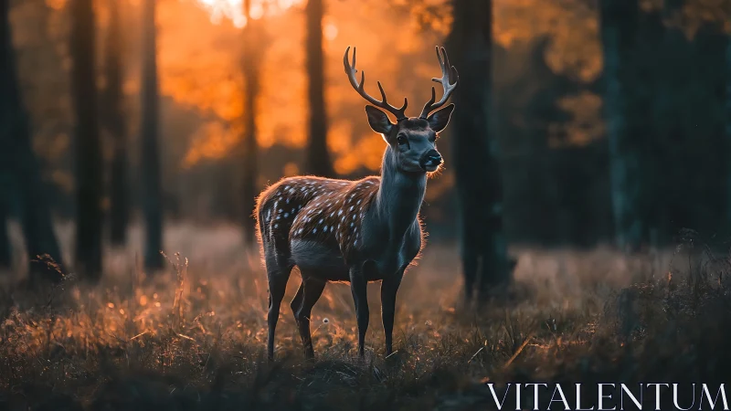 Gentle stag glowing in golden forest evening light.