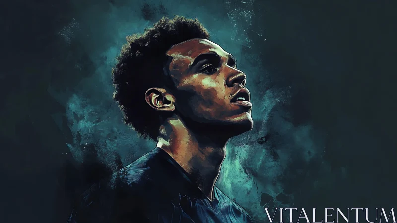 Digital portrait of focused athlete against teal abstract field.