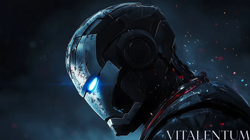 Battle-worn cybernetic helmet in moody blue backlight.