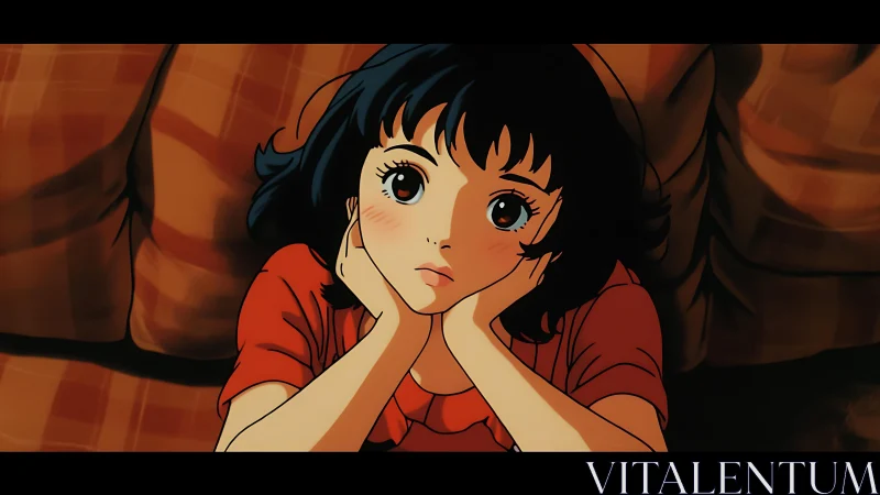 Dreamy girl rests on a sofa, lost in gentle thoughts