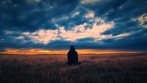 Solitary figure meditating in open field under storm sunset.