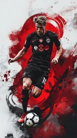 Dynamic football striker amid red abstract energy field.