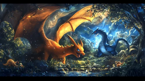 Fiery and azure dragons clash over reflective forest stream