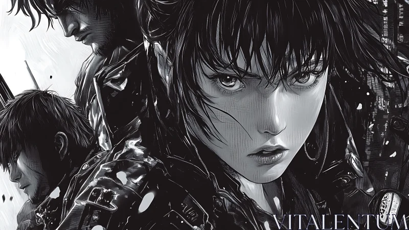 Intense monochrome anime trio rendered with sharp ink detail