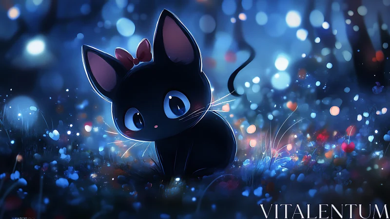 Starry meadow kitten with curious eyes and a bright bow.