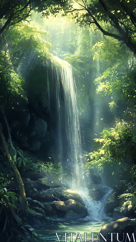Forest Waterfall with Sunlight Filtering Through Canopy.