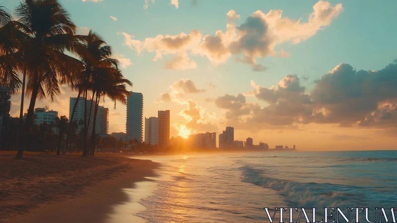 Sunlit towers and lazy palms along a peachy shoreline.