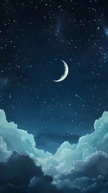 Crescent moon over dense clouds in a star filled night sky.