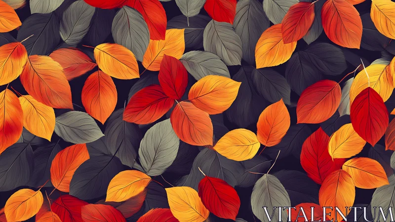 Cozy autumn leaves in warm reds, golds, and soft grays.