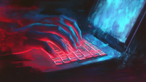 Glowing hand over neon keyboard on dark digital laptop scene.