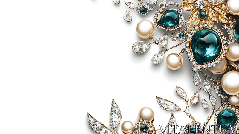 High-detail macro of gold, pearl and teal gemstone jewelry cluster