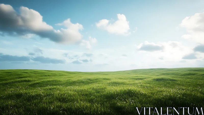 Sunlit grassy meadow under a calm, wide open sky.