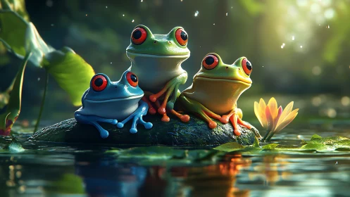 Triadic red-eyed tree frogs on sunlit wetland microhabitat.