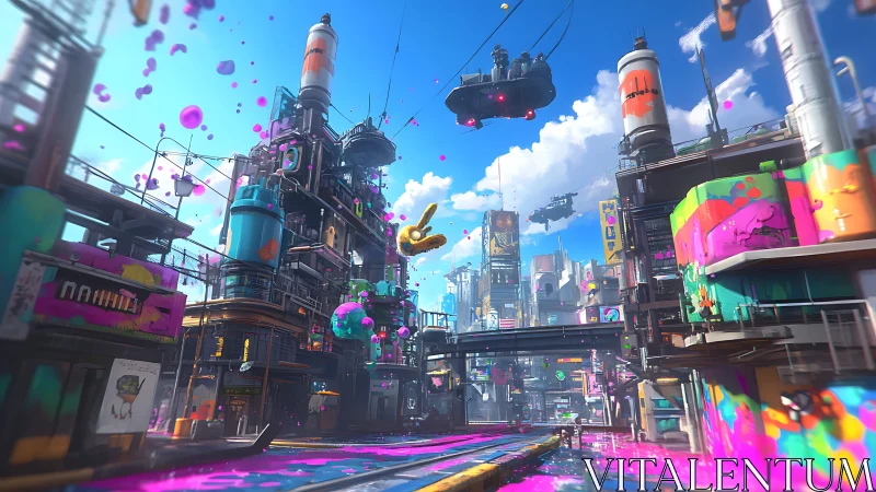 Neon splat cityscape where flying ships surf candy skies.