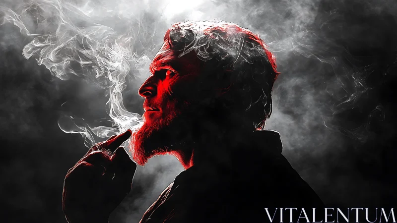 Red-lit smoking profile cuts through swirling dramatic smoke