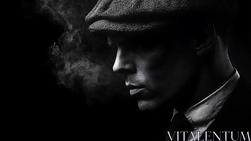 Smoke veils a stoic man in shadow-forged profile silence.